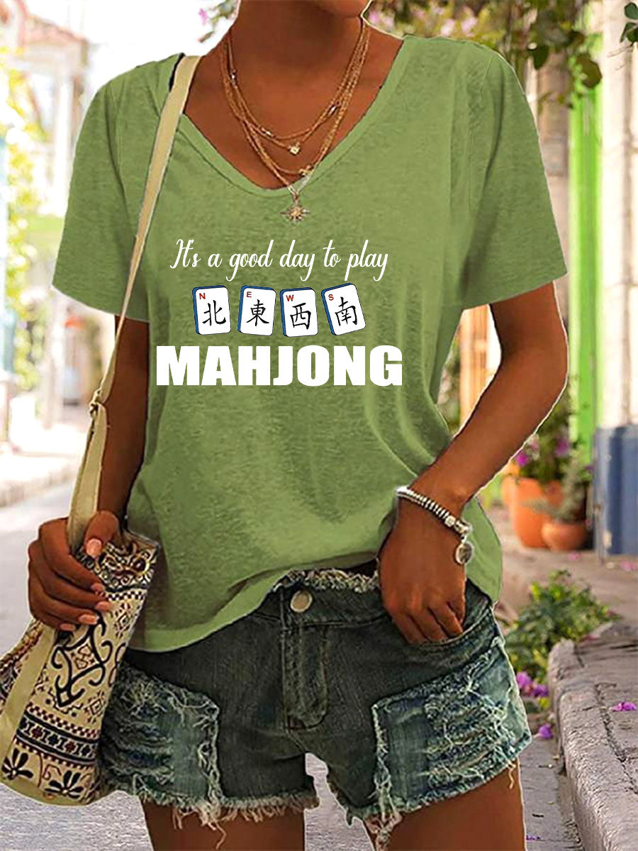 Camiseta Mahjong Print V-Neck para mujer