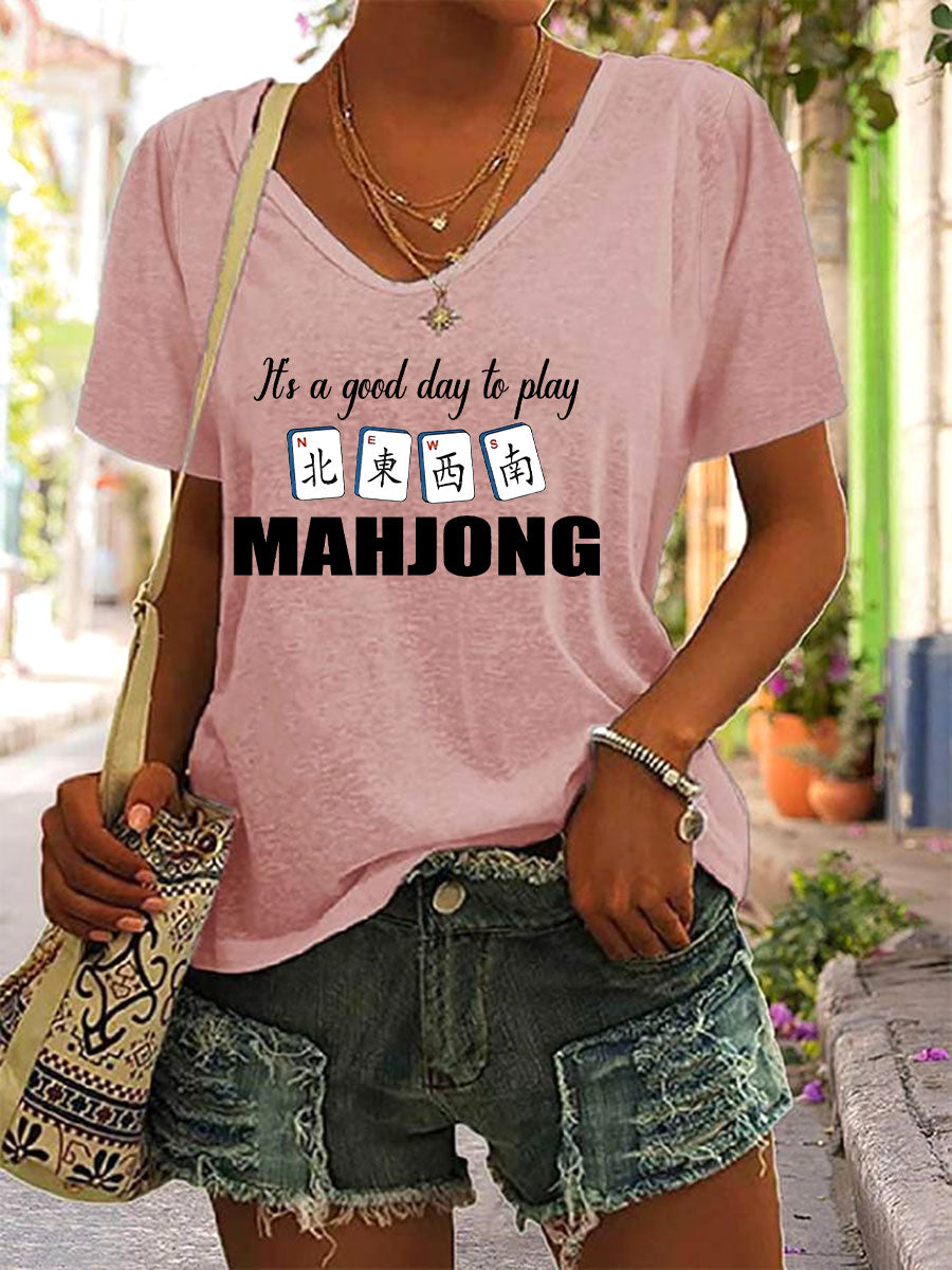 Camiseta Mahjong Print V-Neck para mujer
