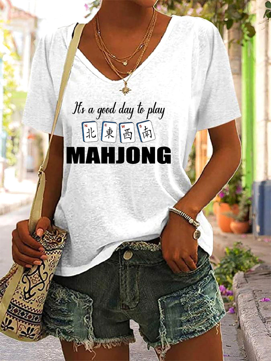 Camiseta Mahjong Print V-Neck para mujer