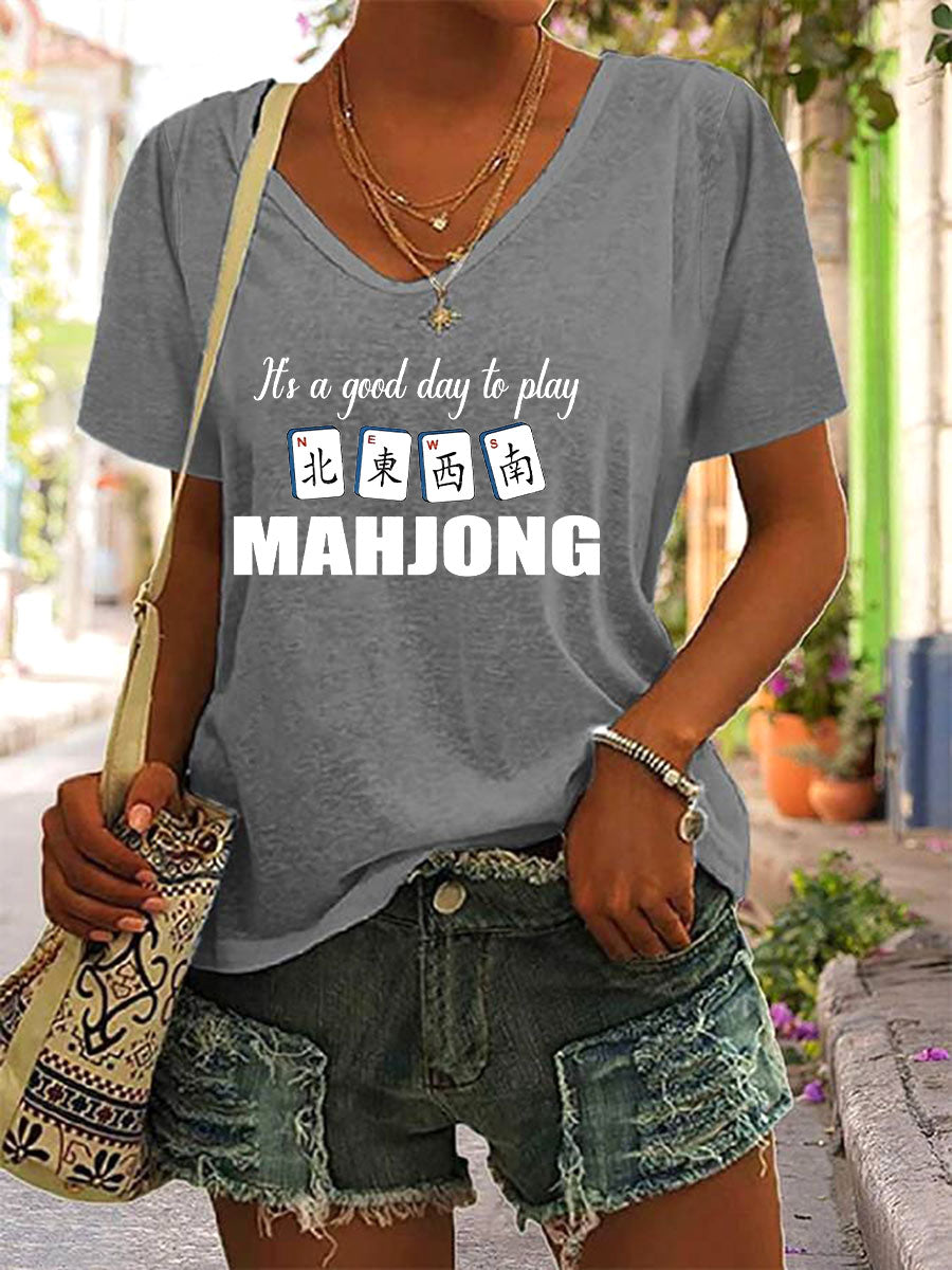 Camiseta Mahjong Print V-Neck para mujer