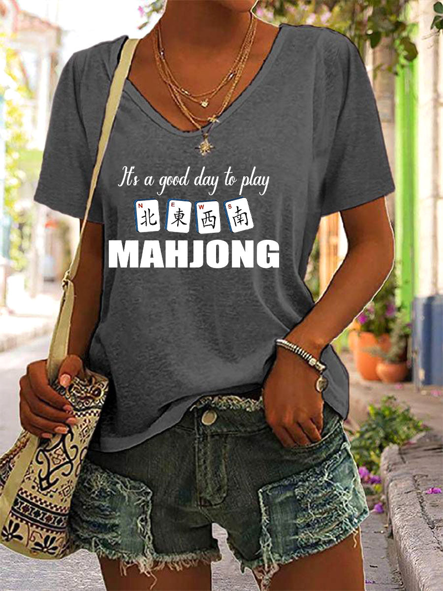 Camiseta Mahjong Print V-Neck para mujer