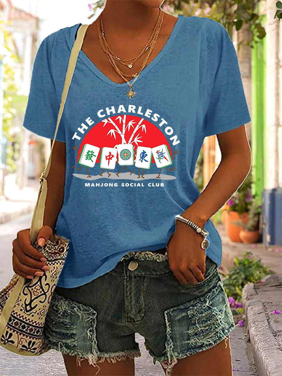 Camiseta Mahjong Print V-Neck para mujer