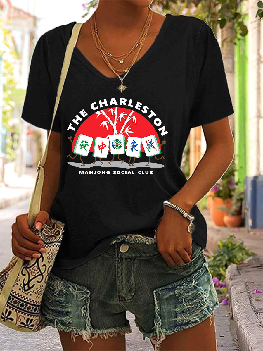 Camiseta Mahjong Print V-Neck para mujer