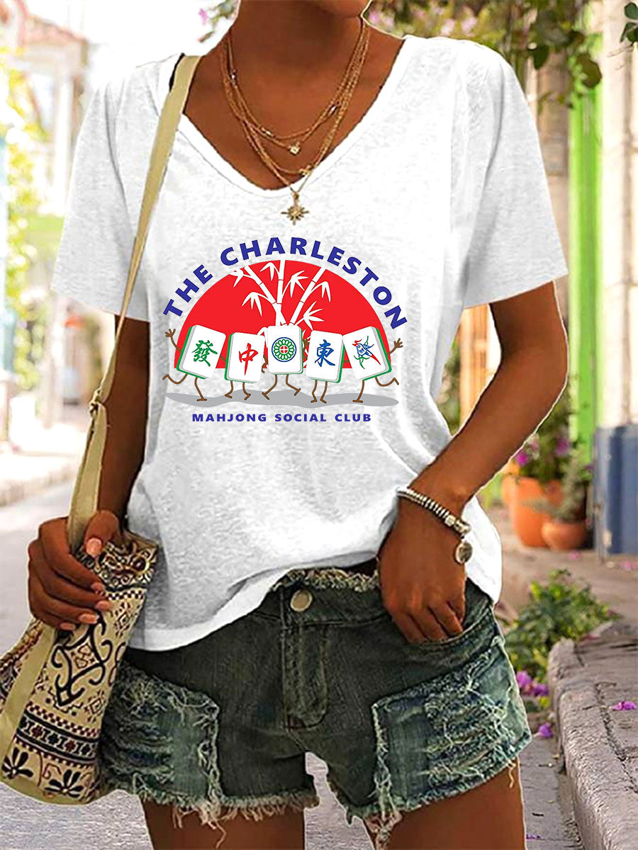 Camiseta Mahjong Print V-Neck para mujer