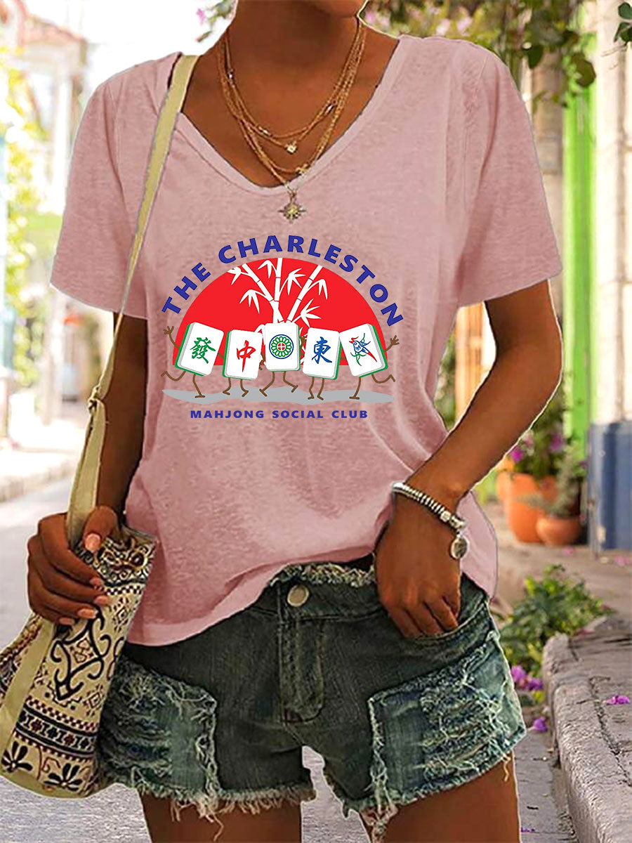 Camiseta Mahjong Print V-Neck para mujer