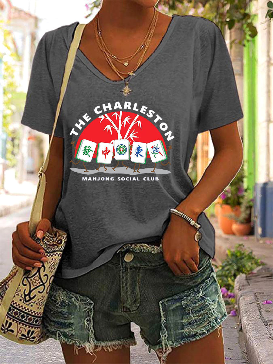 Camiseta Mahjong Print V-Neck para mujer