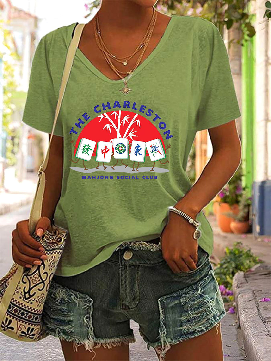 Camiseta Mahjong Print V-Neck para mujer