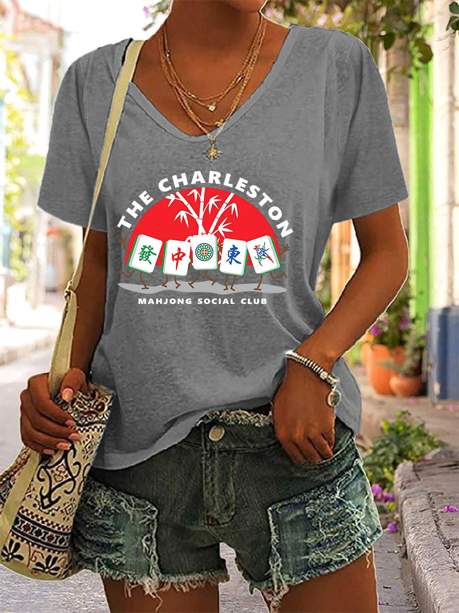 Camiseta Mahjong Print V-Neck para mujer