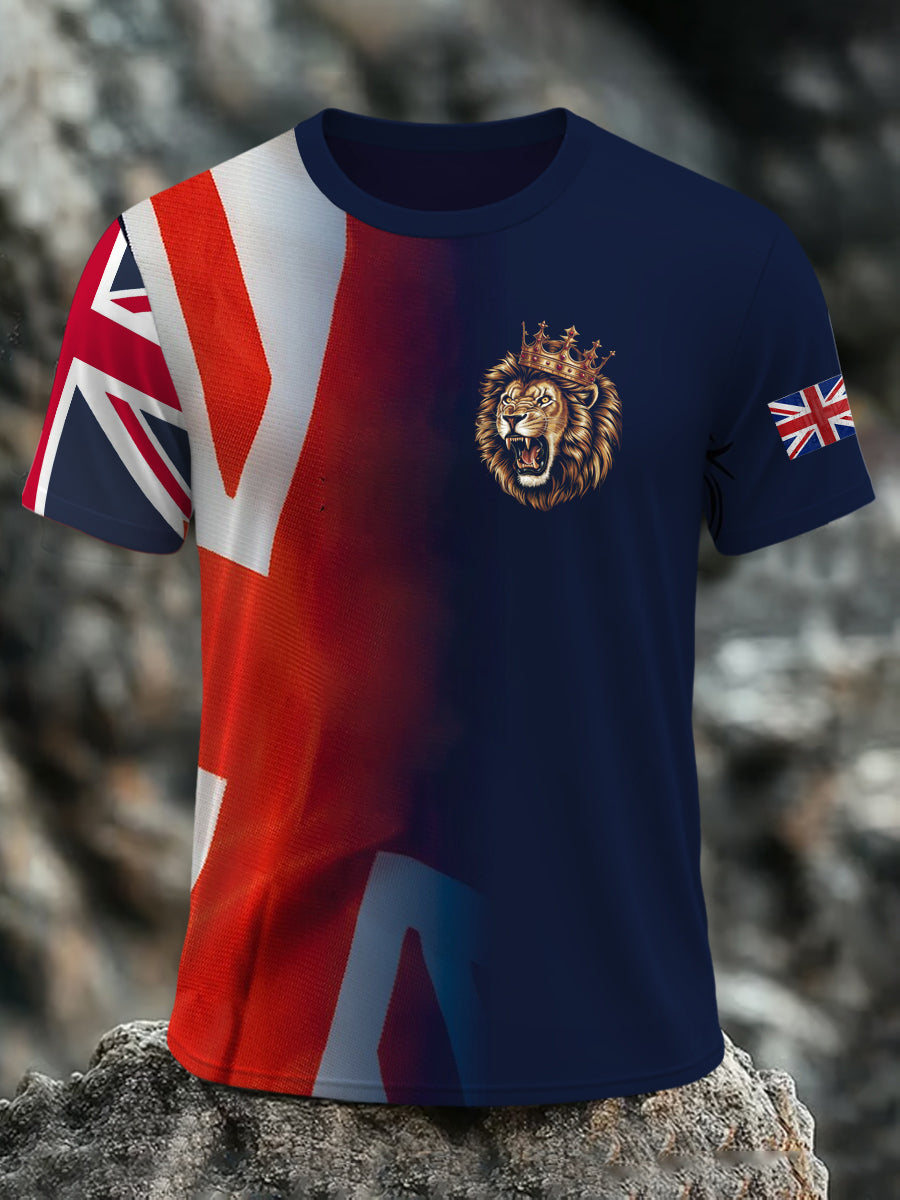 Men's British Flag Lion with Union Jack Print Casual Short Sleeve Tee