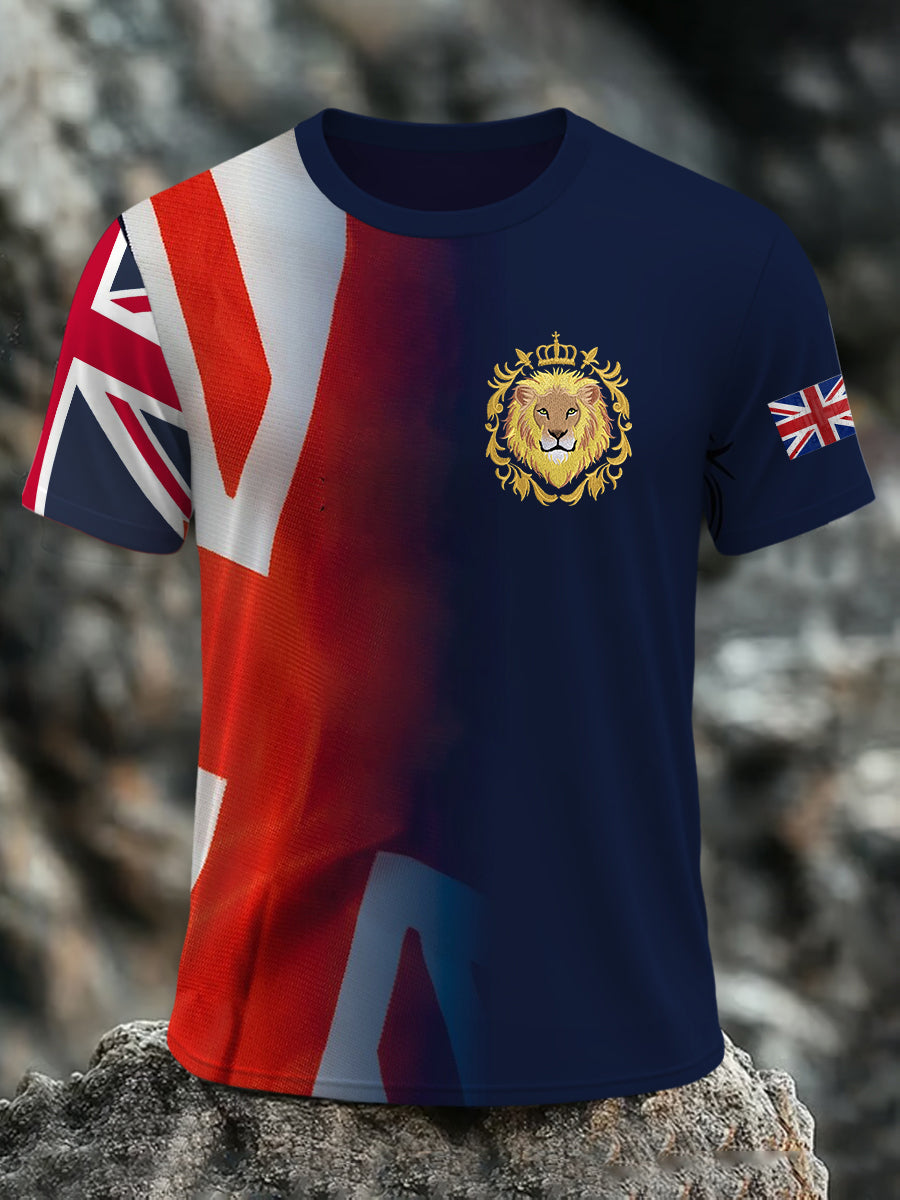 Men's British Flag Lion with Union Jack Print Casual Short Sleeve Tee