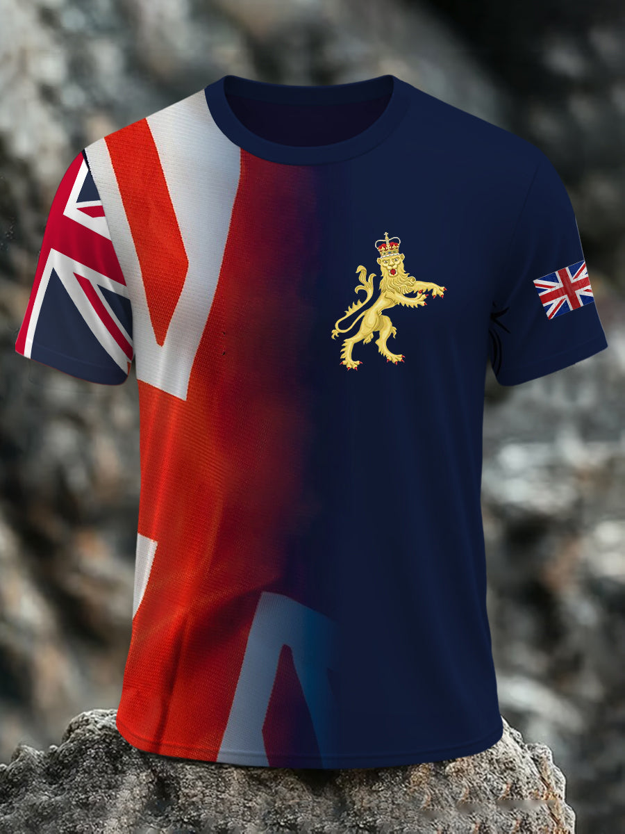 Men's British Flag Lion with Union Jack Print Casual Short Sleeve Tee