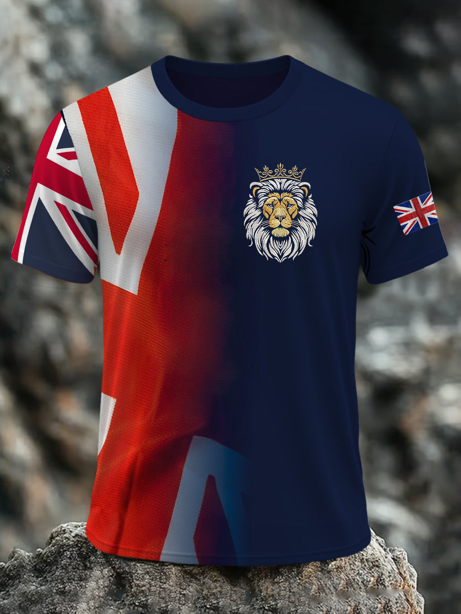 Men's British Flag Lion with Union Jack Print Casual Short Sleeve Tee