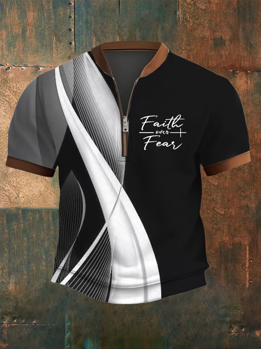 Men's Faith Over Fear Cross Printed Zip-Up Short Sleeve Top