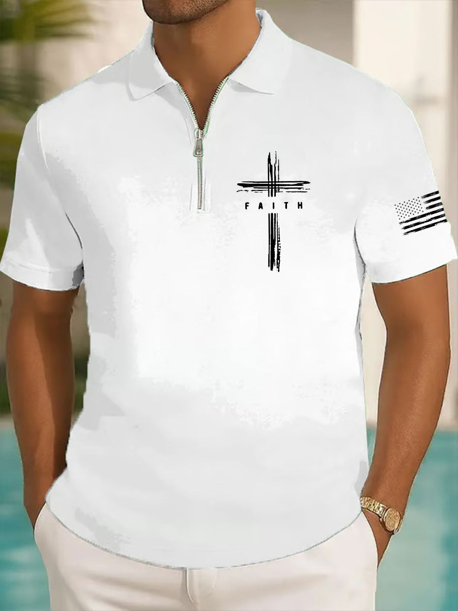 Men's Faith Cross Printed Casual Zip-Up Top
