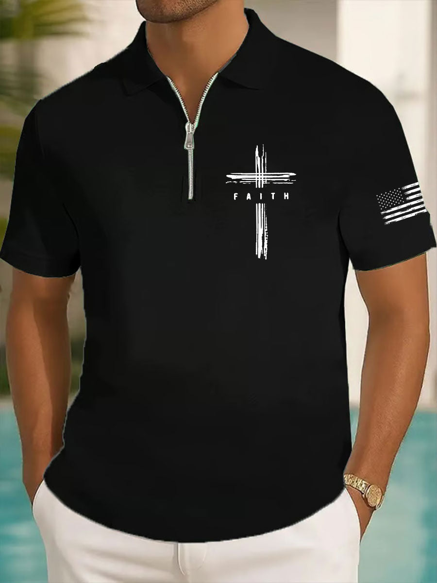 Men's Faith Cross Printed Casual Zip-Up Top