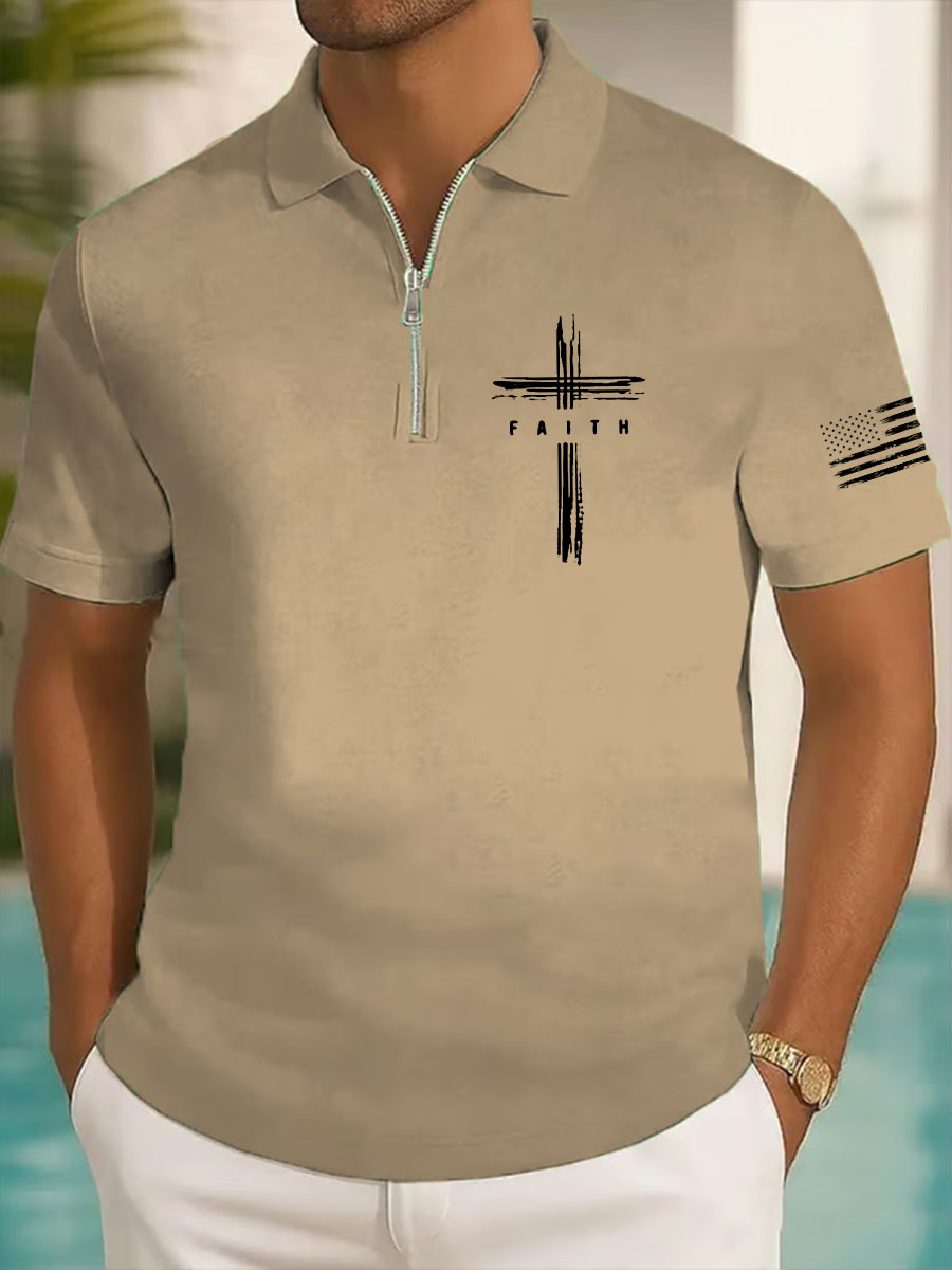 Men's Faith Cross Printed Casual Zip-Up Top