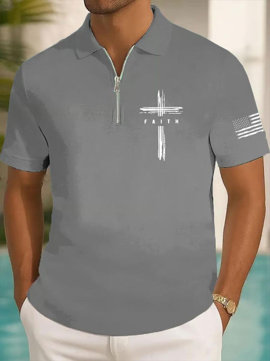 Men's Faith Cross Printed Casual Zip-Up Top