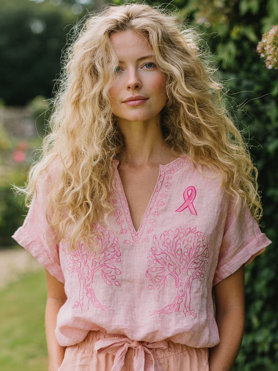 Womens Pink Ribbon & Tree Embroidered Linen Shirt