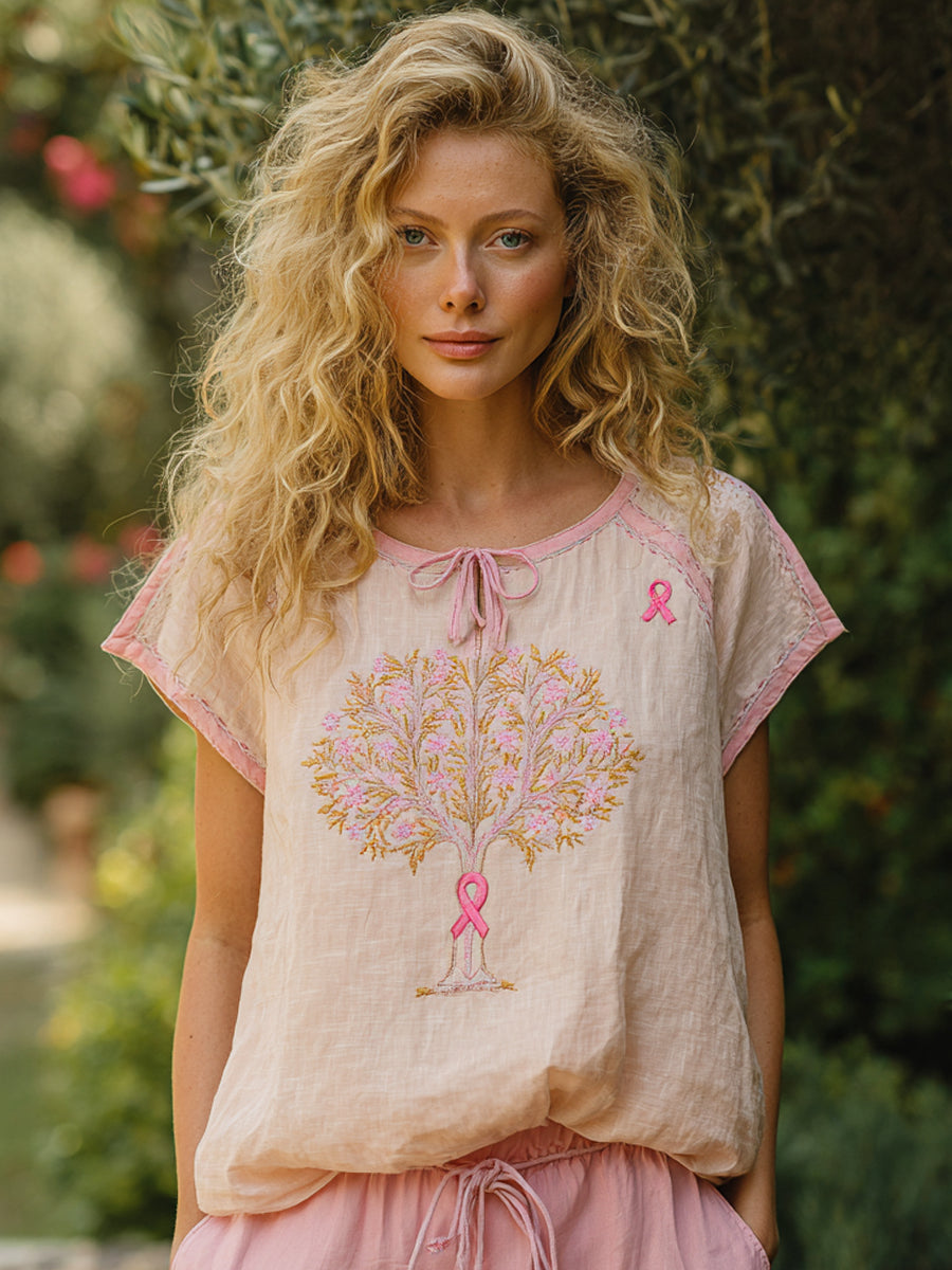 Womens Pink Ribbon & Tree Embroidered Linen Shirt