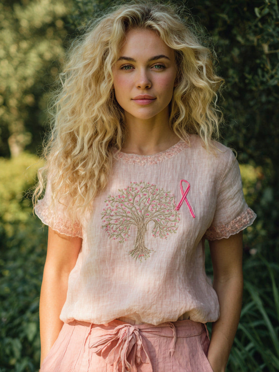 Womens Pink Ribbon & Tree Embroidered Linen Shirt