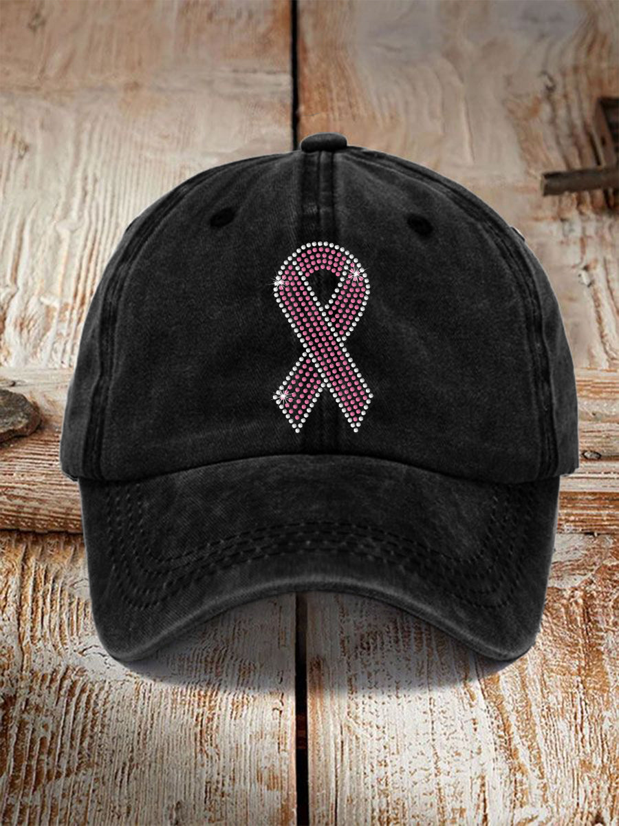 Unisex Rhinestone Pink Ribbon Pattern Hat