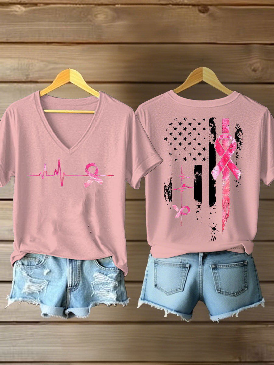 Women's Breast Cancer Awareness Pink Ribbon Print T-Shirt