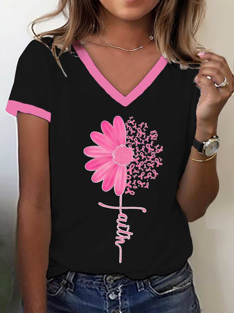 Women's Breast Cancer Awareness Faith Sunflower Pink Ribbon T-Shirt