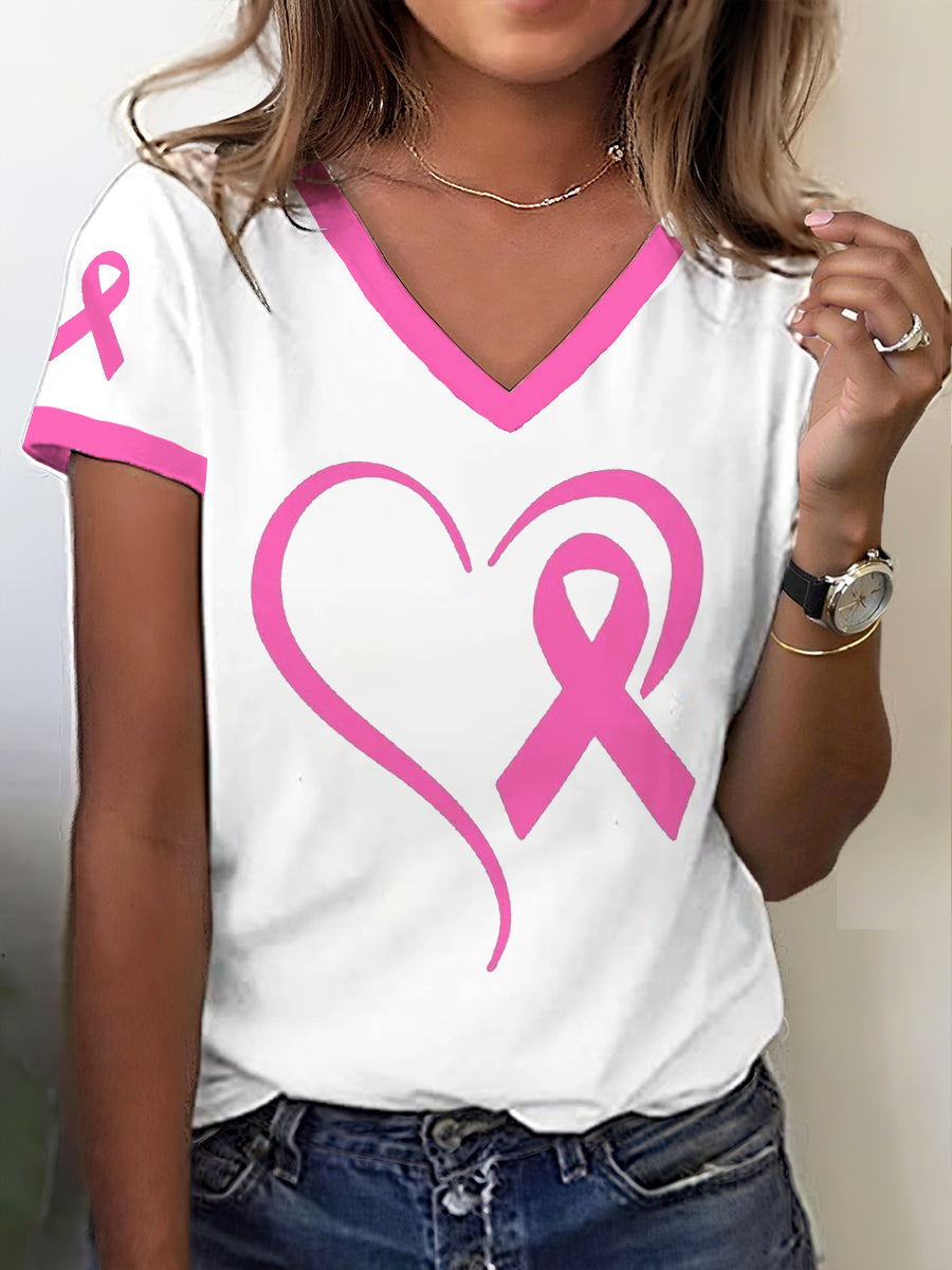 Women's Breast Cancer Awareness Heart Ribbon Print T-Shirt