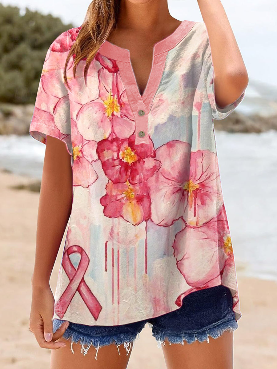 Women's Breast Cancer Pink Ribbon Flowers Print Short Sleeve Shirt