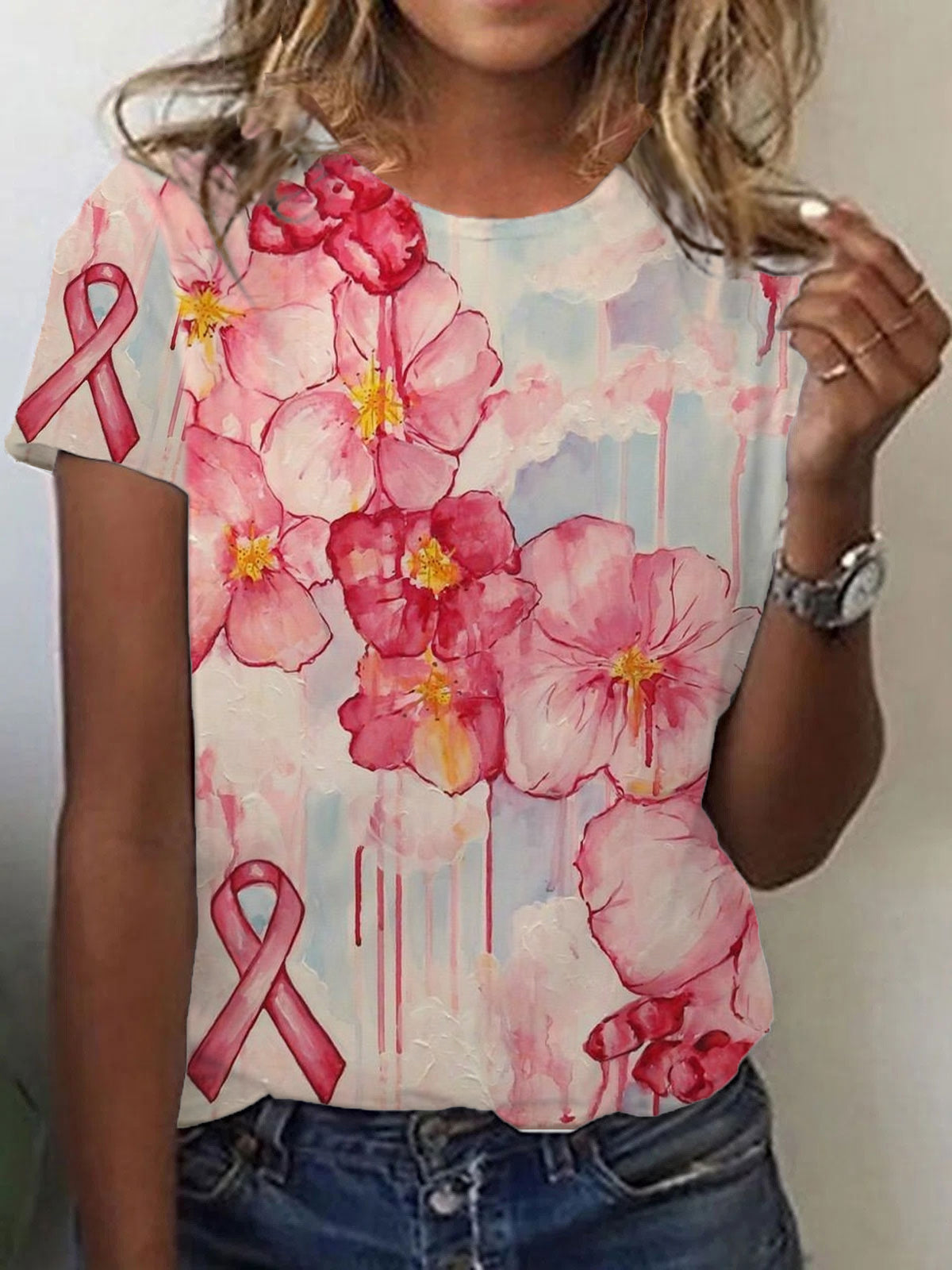 Women's Breast Cancer Pink Ribbon Flowers Print Short Sleeve T-shirt