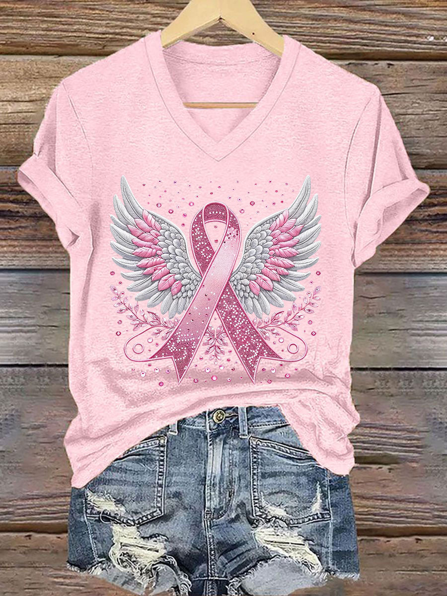 Women's Breast Cancer Awareness Pink Ribbon Print T-Shirt