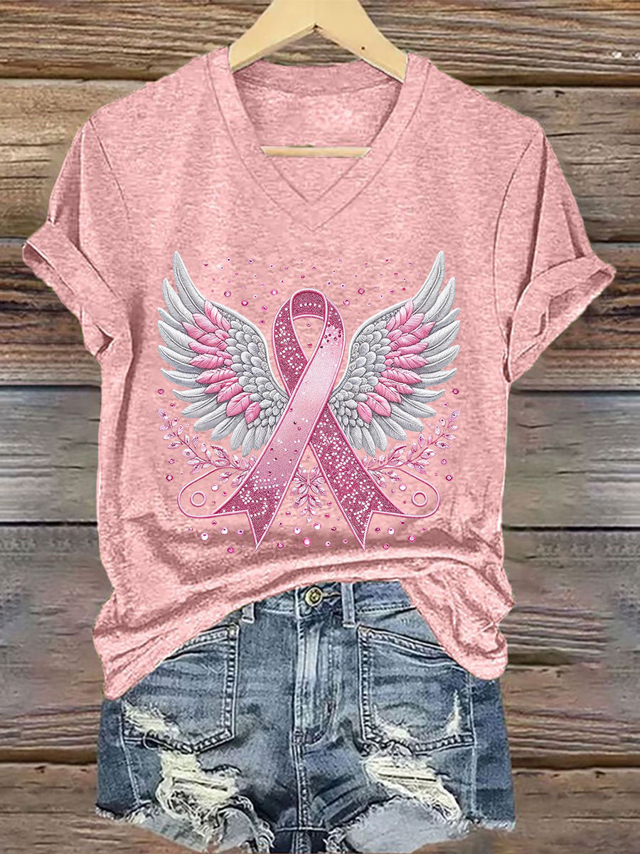 Women's Breast Cancer Awareness Pink Ribbon Print T-Shirt