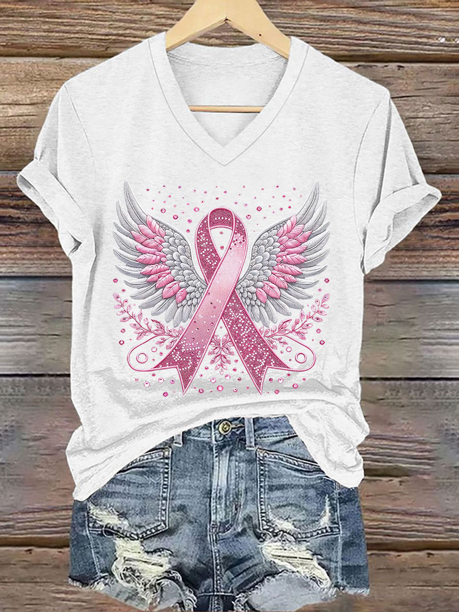 Women's Breast Cancer Awareness Pink Ribbon Print T-Shirt