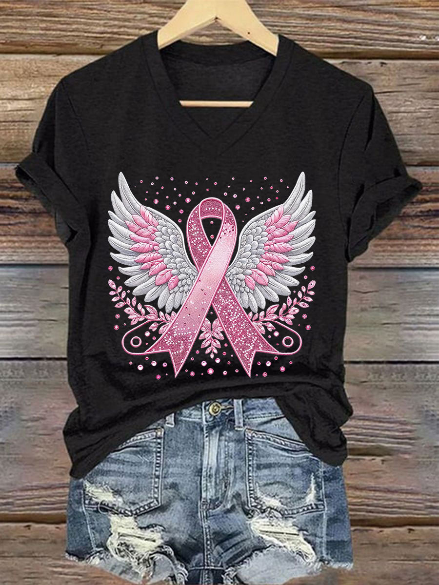 Women's Breast Cancer Awareness Pink Ribbon Print T-Shirt