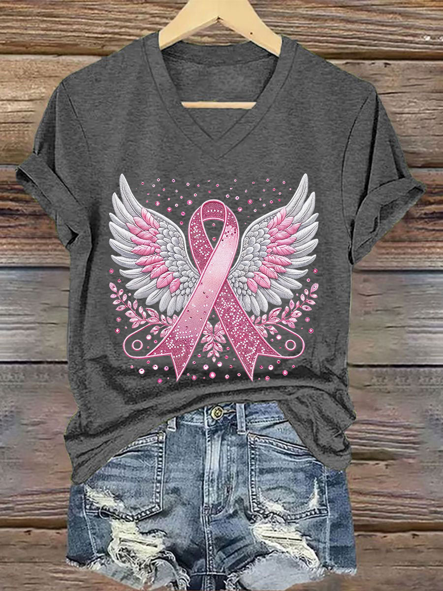 Women's Breast Cancer Awareness Pink Ribbon Print T-Shirt