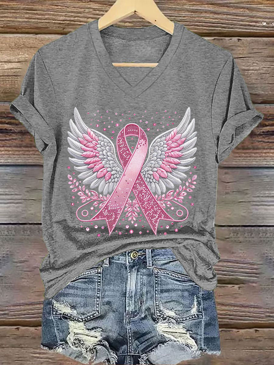 Women's Breast Cancer Awareness Pink Ribbon Print T-Shirt