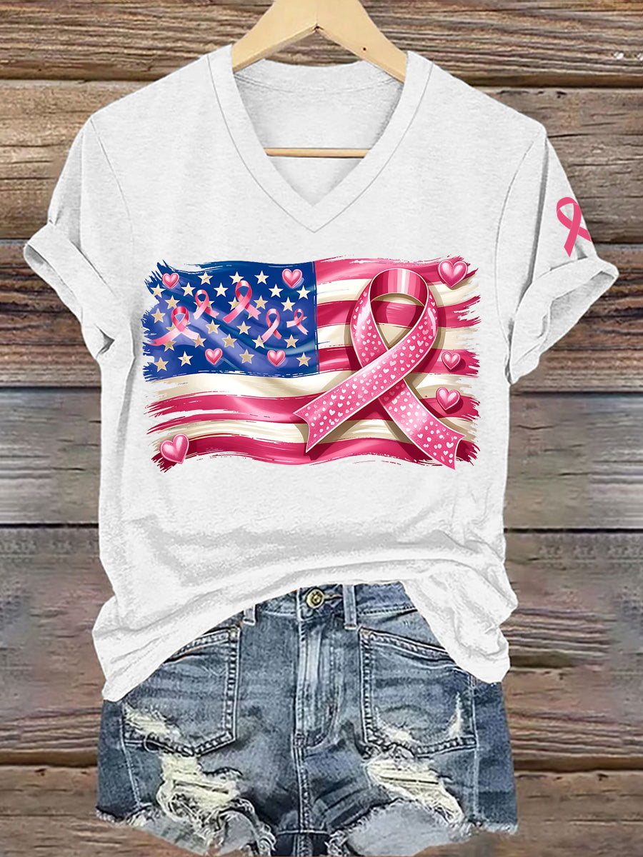 Women's Breast Cancer Awareness American Flag Pink Ribbon Print T-Shirt