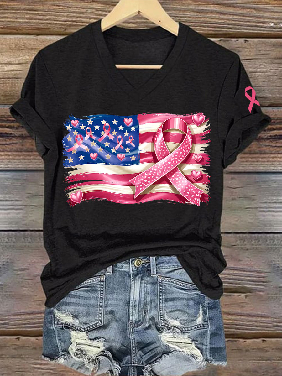 Women's Breast Cancer Awareness American Flag Pink Ribbon Print T-Shirt