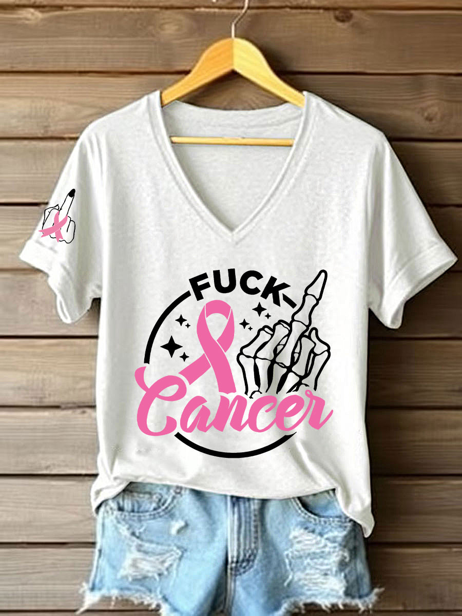 Women's Breast Cancer Awareness Fuck Cancer Middle Fingers Short Sleeve T-Shirt