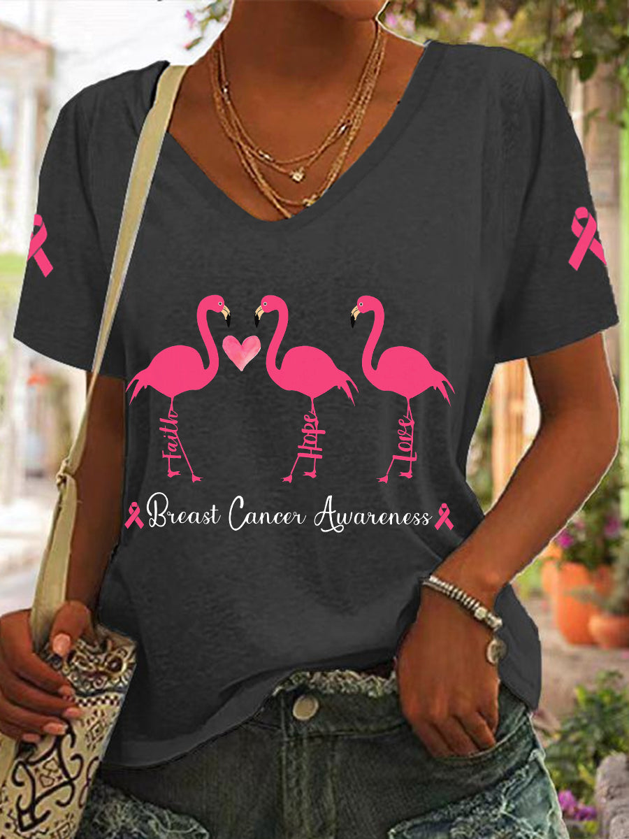 Women's Breast Cancer Awareness Faith Hope Love Flamingo T-Shirt