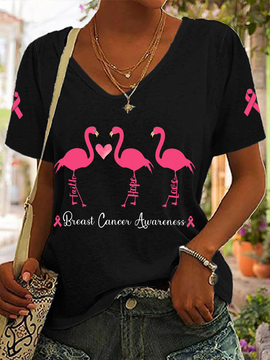 Women's Breast Cancer Awareness Faith Hope Love Flamingo T-Shirt