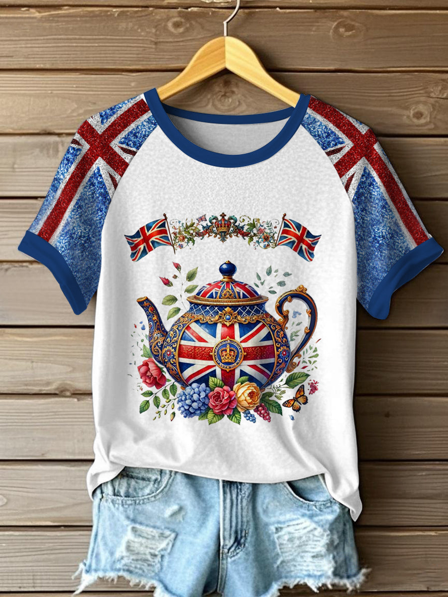 Women's Union Jack Time Of Tea Round Neck Short Sleeve T-shirt
