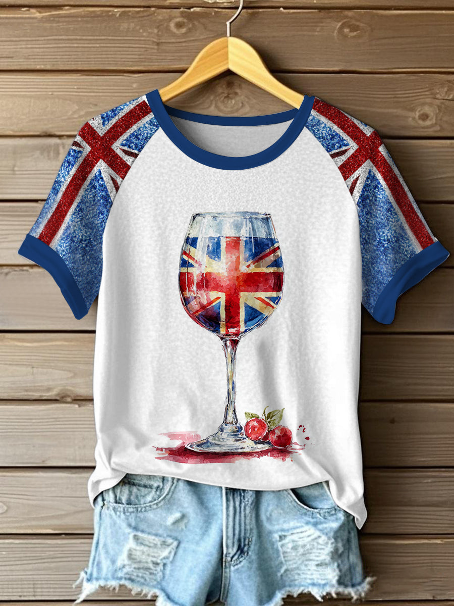 Women's Union Jack Wine Glass Round Neck Short Sleeve T-shirt