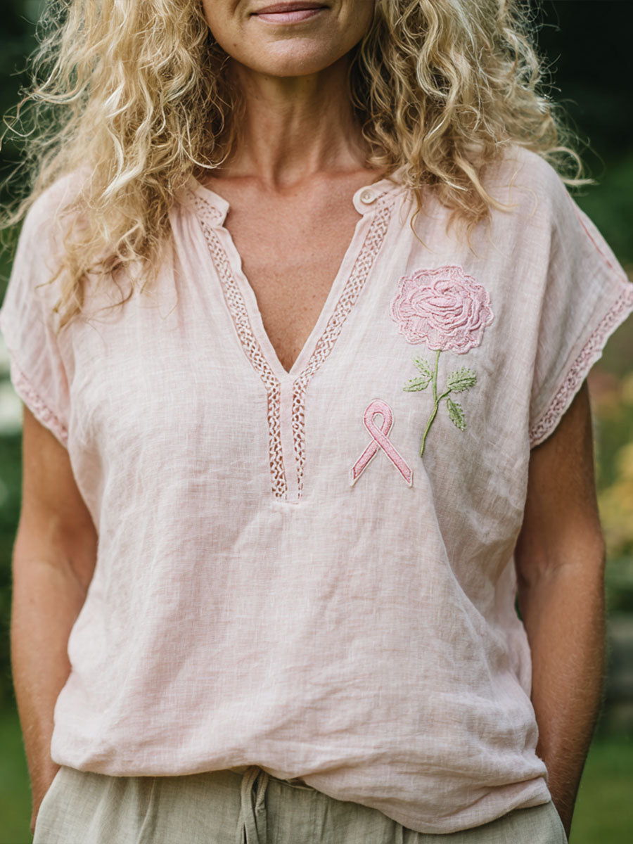 Women's Pink Ribbon & Floral Embroidered Linen Shirt