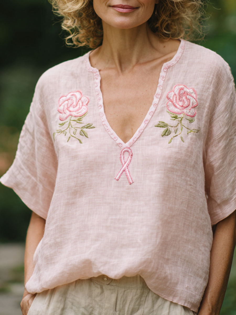Women's Pink Ribbon & Floral Embroidered Linen Shirt