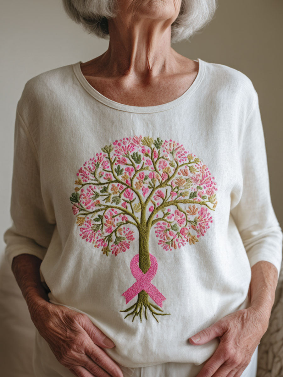 Women's Pink Ribbon & Tree of Life Embroidered T-Shirt