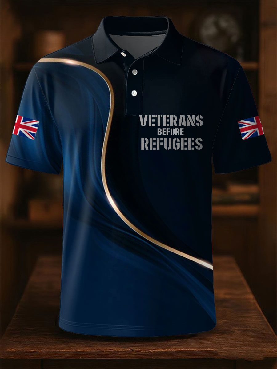 Men's UK Flag Immigration Veterans Before Refugees Printed Polo Shirt
