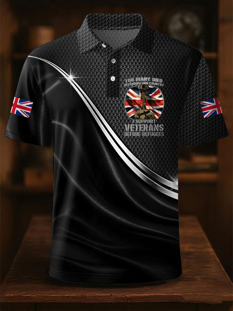 Men's UK Flag Immigration Veterans Before Refugees Printed Polo Shirt
