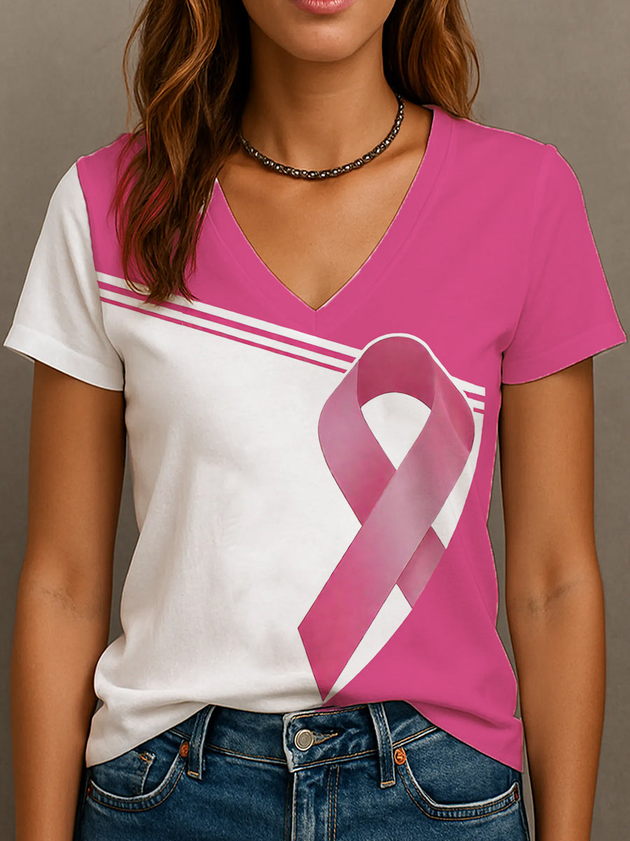 Women's Breast Cancer Awareness Pink Ribbon V-Neck T-Shirt