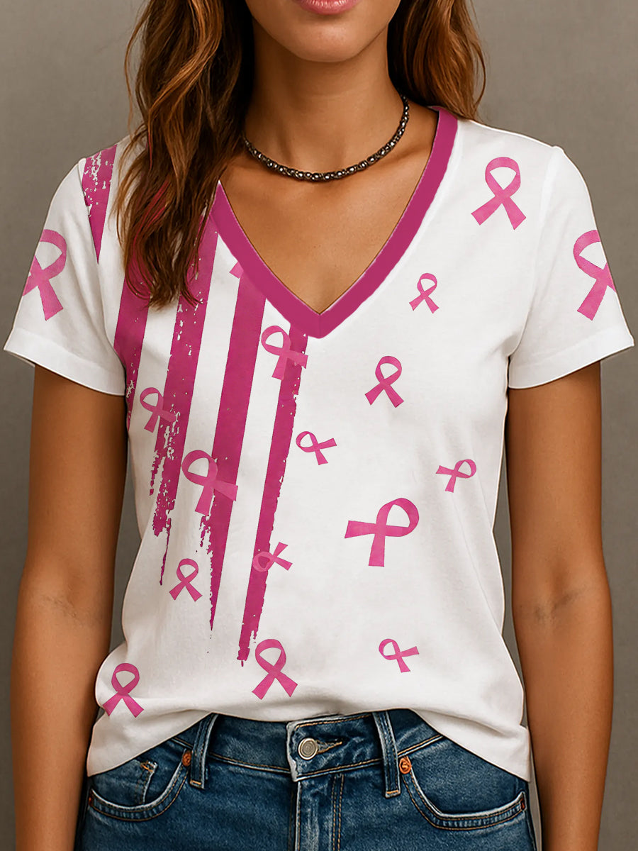 Women's Breast Cancer Awareness Pink Ribbon V-Neck T-Shirt